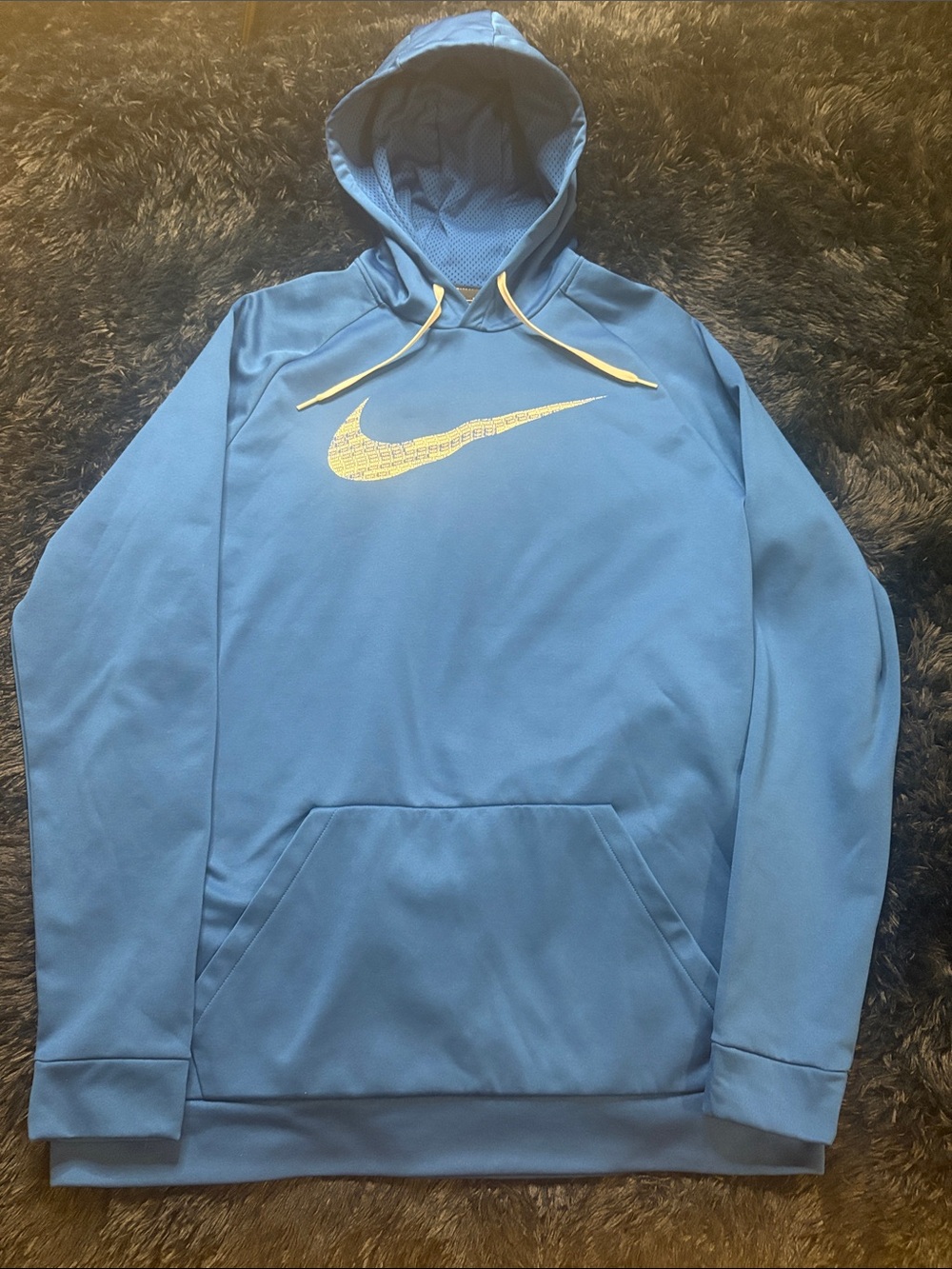 Nike Blue Hoodie w/ White Swoosh made up of Words Nike, Size XL Tall